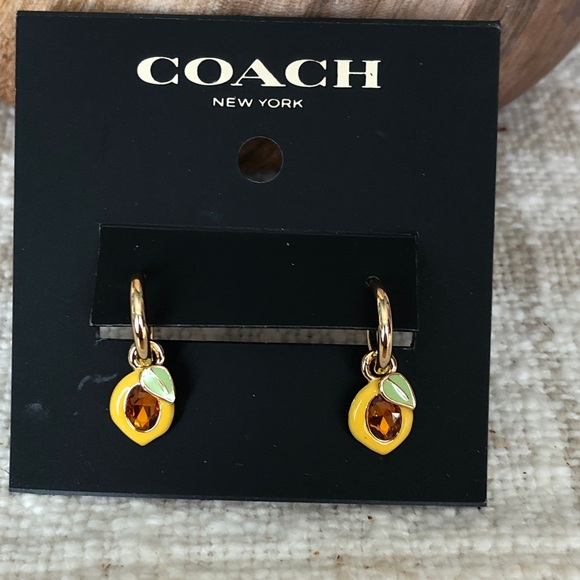 Coach Gold Tone Huggie Hoop Earrings Lemon Charm & Crystal Accent NWT - Picture 3 of 16